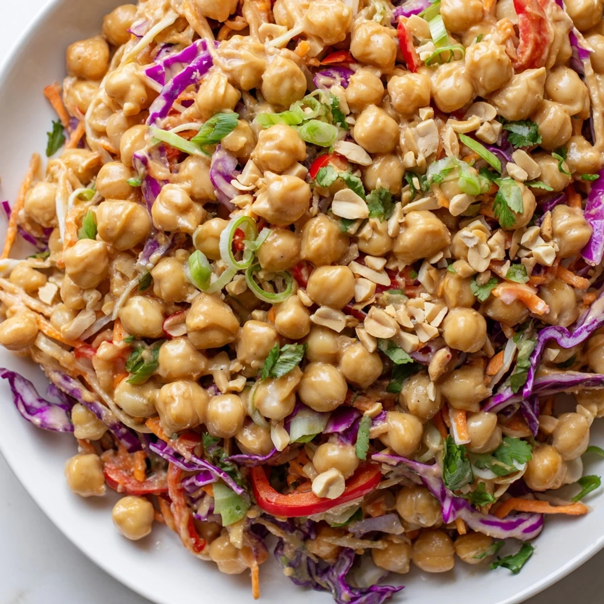 Crunchy Thai chickpea salad with purple cabbage and creamy peanut dressing