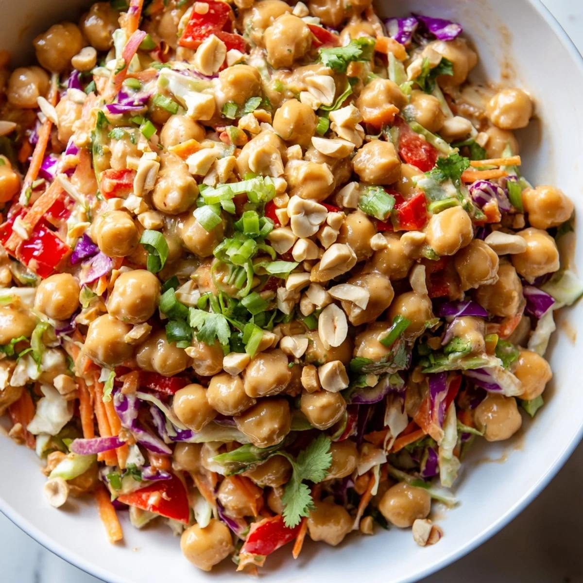 Vibrant Crunchy Thai chickpea salad topped with crushed peanuts and fresh cilantro