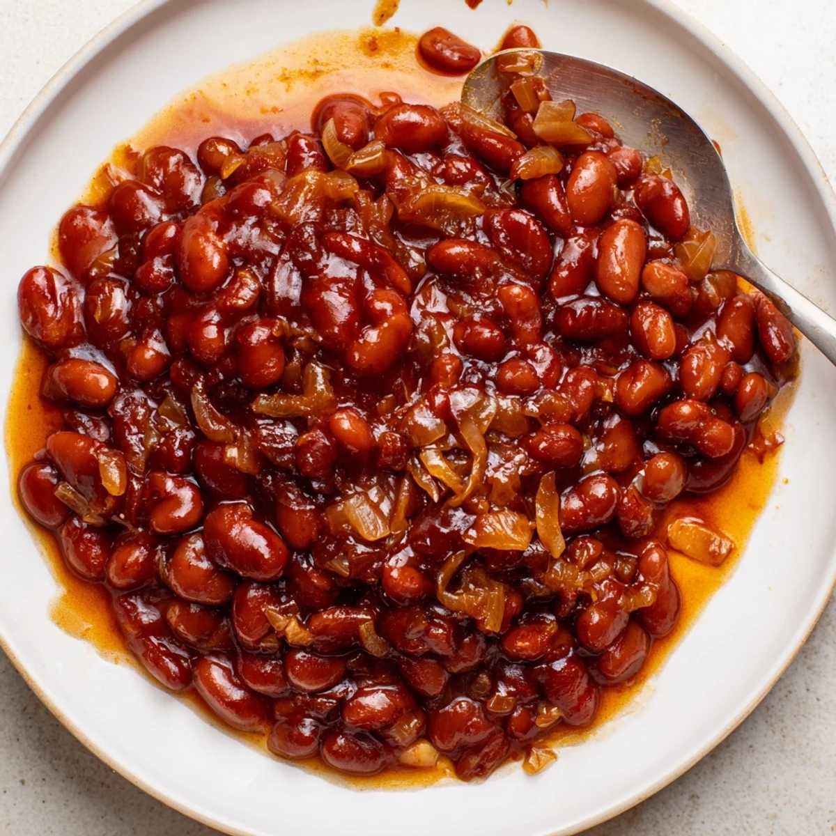 Steaming bowl of quick barbecued beans glistening with thick, tangy molasses sauce
