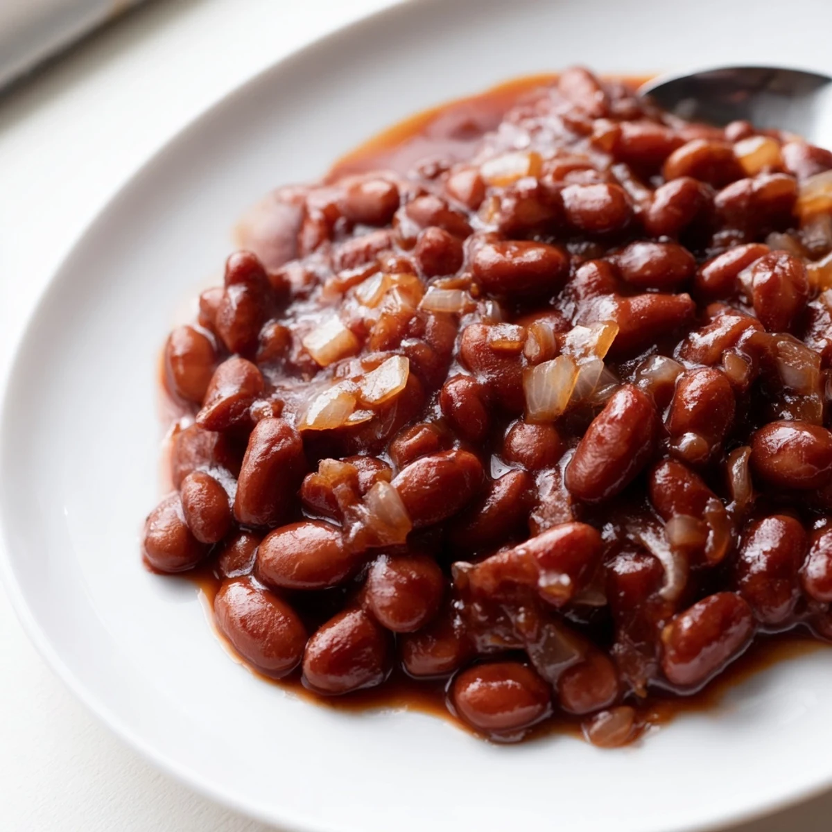 Quick barbecued beans served in a rustic pot with a smoky glaze
