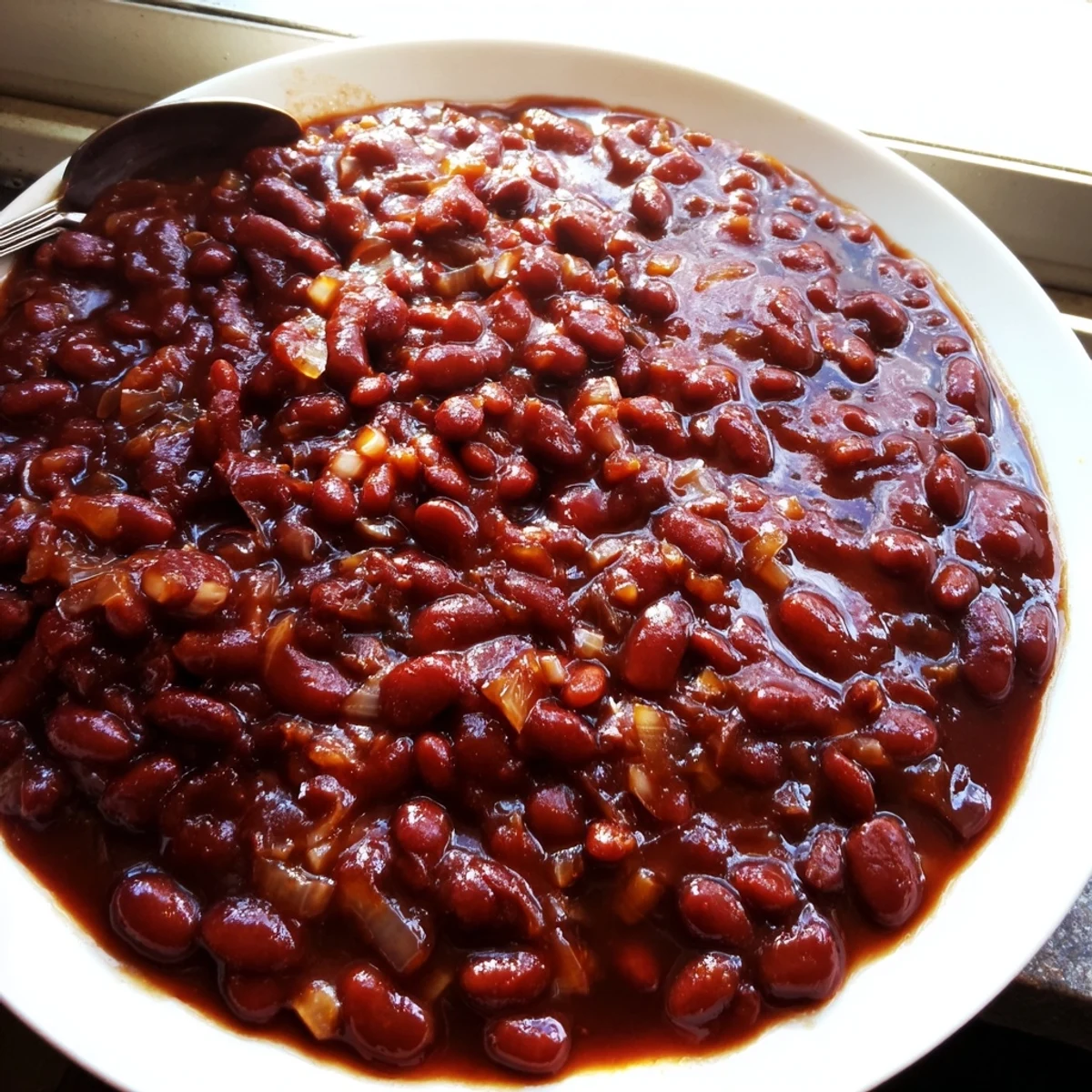 Tender quick barbecued beans topped with fresh herbs in a dark, savory sauce