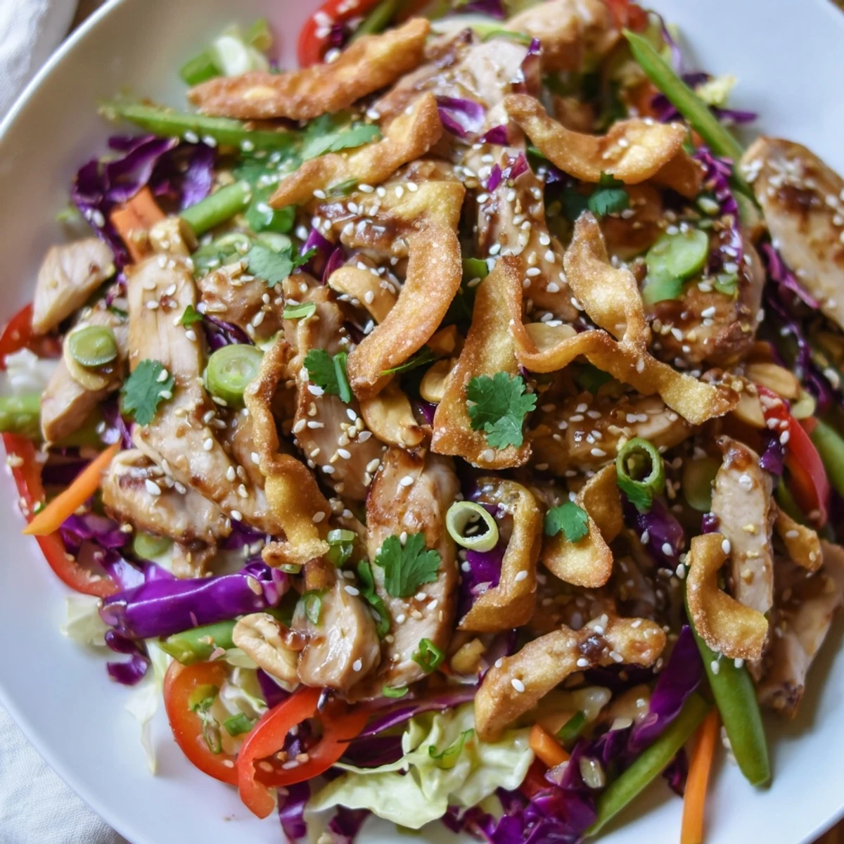 Colorful Chicken Cashew Crunch Salad topped with roasted cashews and crispy wontons in a sesame bowl