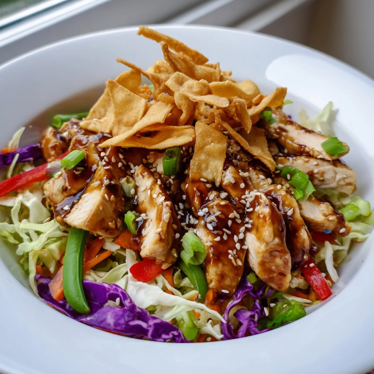 Golden seared chicken slices nestled over vibrant vegetables in this Chicken Cashew Crunch Salad recipe