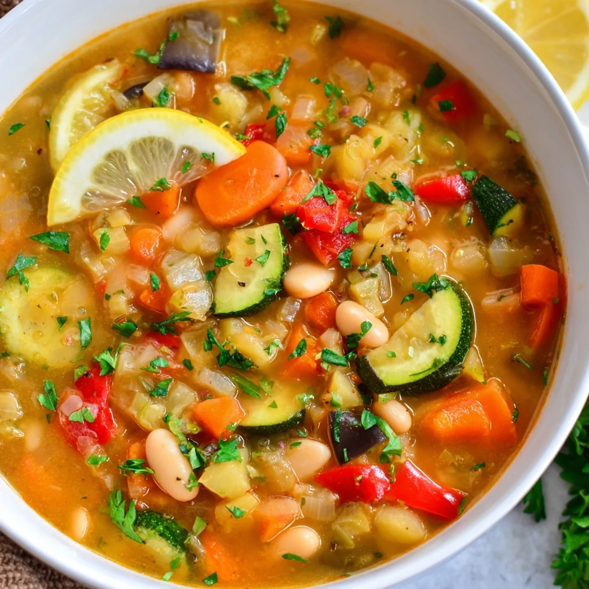 Steaming bowl of Mediterranean Soup topped with fresh parsley and a bright lemon wedge