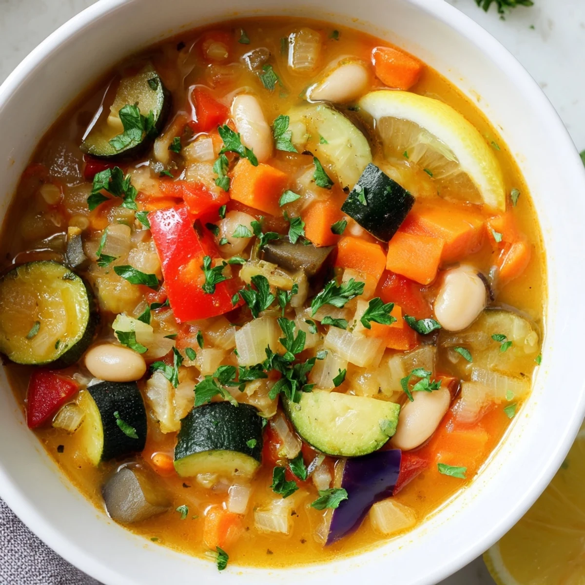 Colorful Mediterranean Soup loaded with tender vegetables and creamy white beans in a rustic bowl
