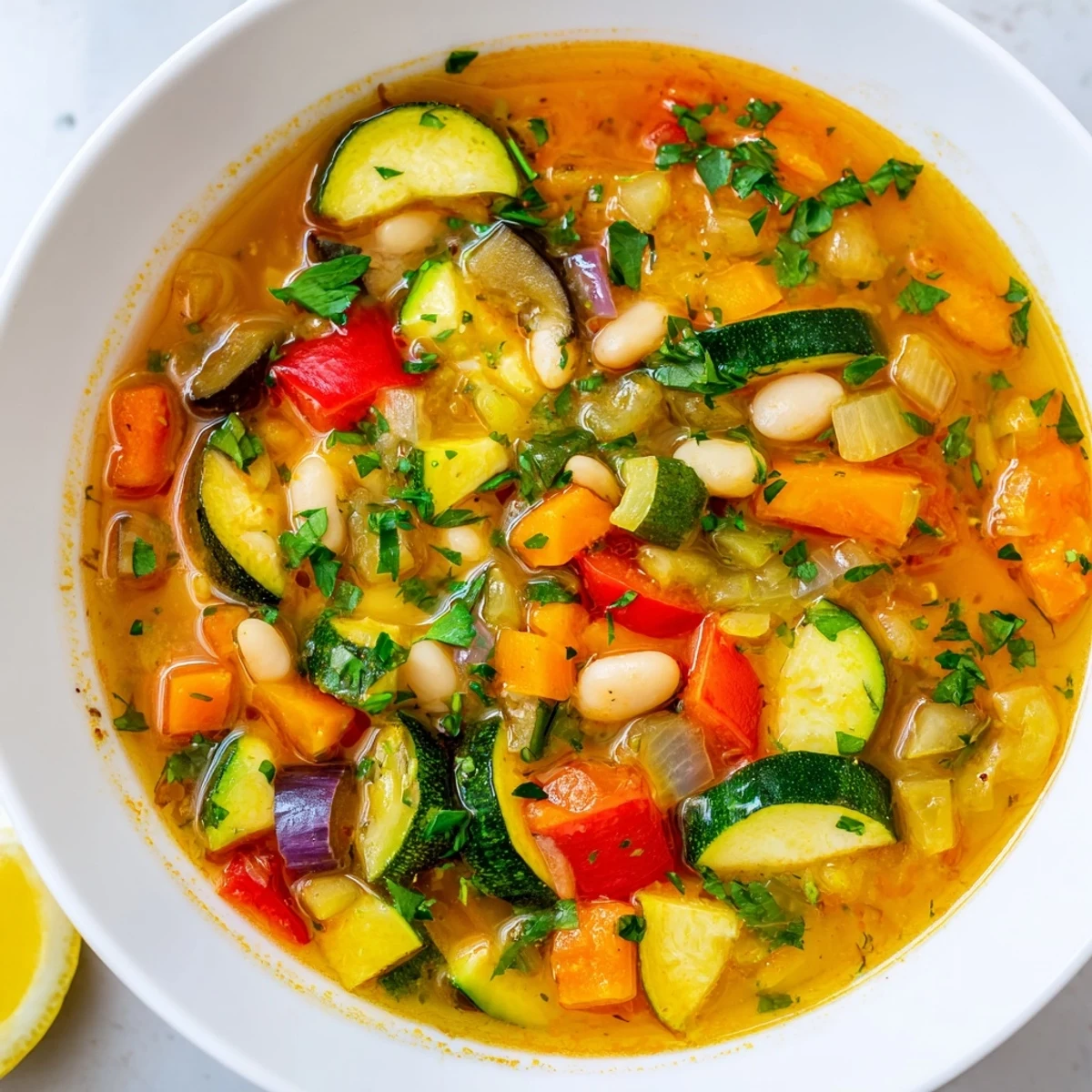 Golden Mediterranean Soup brimming with diced vegetables and herbs served with crusty bread