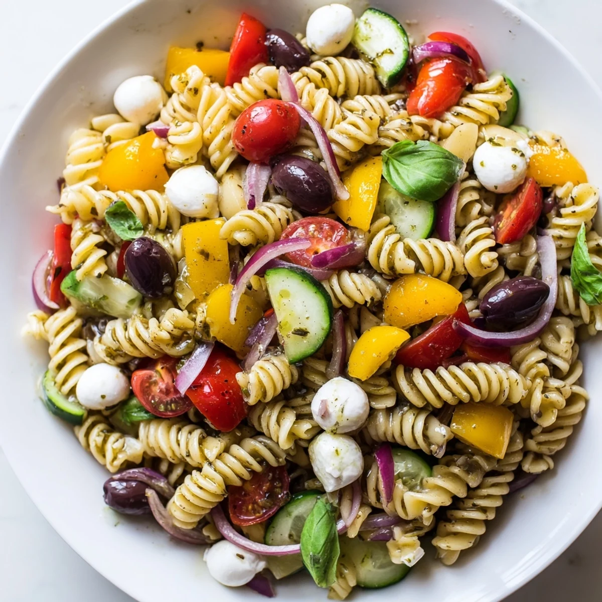 Colorful vegetarian Italian pasta salad in a rustic bowl with cherry tomatoes and olives