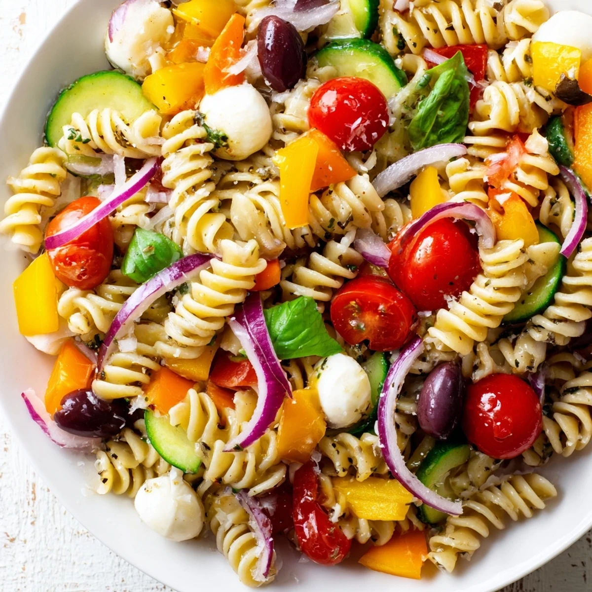 A vibrant vegetarian Italian pasta salad featuring bell peppers cucumbers and sun-dried tomatoes