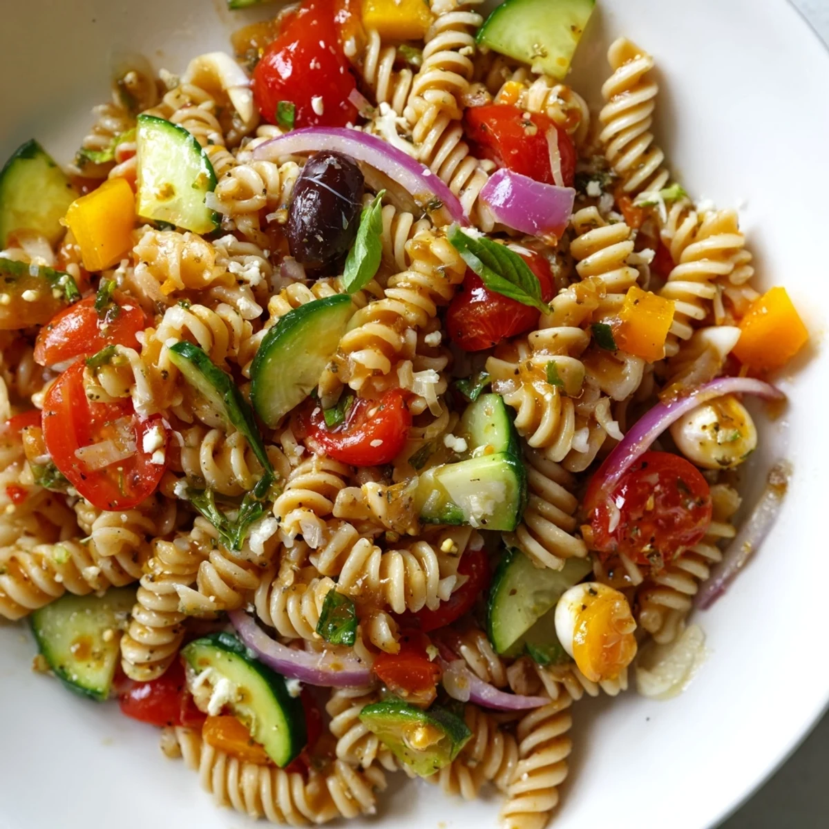 Vegetarian Italian pasta salad tossed with fresh mozzarella basil and zesty vinaigrette dressing