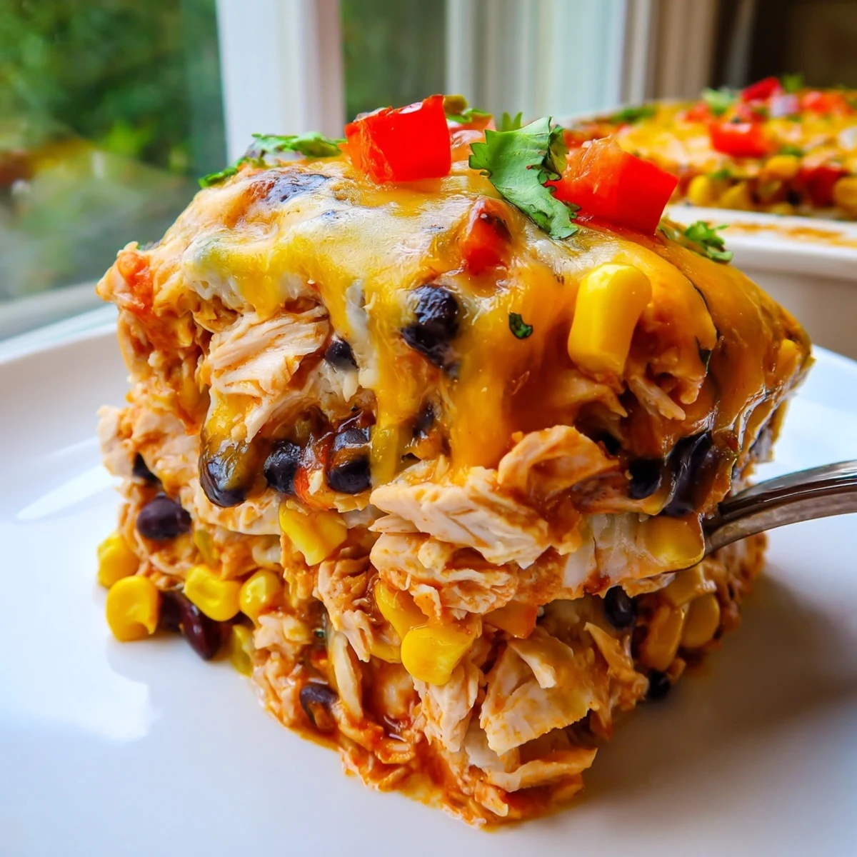 Golden bubbly chicken burrito casserole fresh from the oven with melted cheese