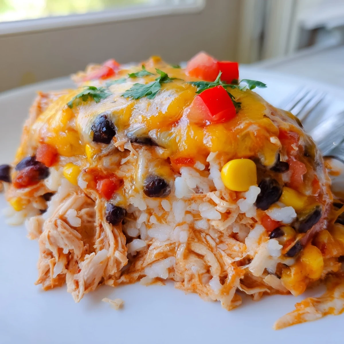 Creamy chicken burrito casserole layered with beans rice and melted cheddar