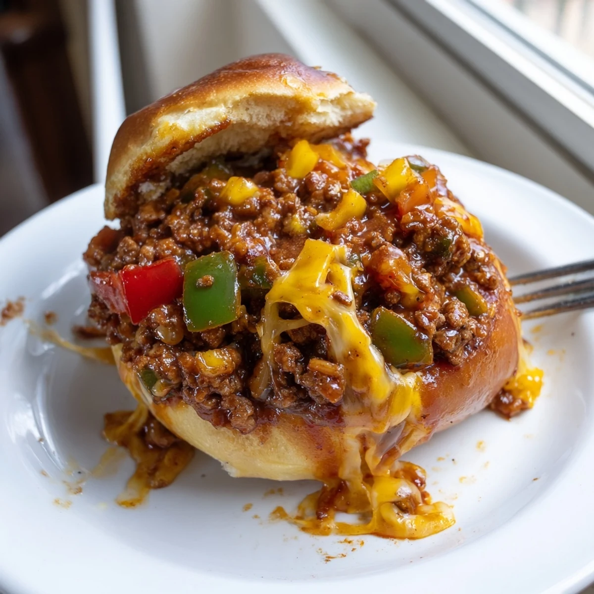 Cheesy Philly Sloppy Joes piled high on golden toasted brioche buns with melted provolone