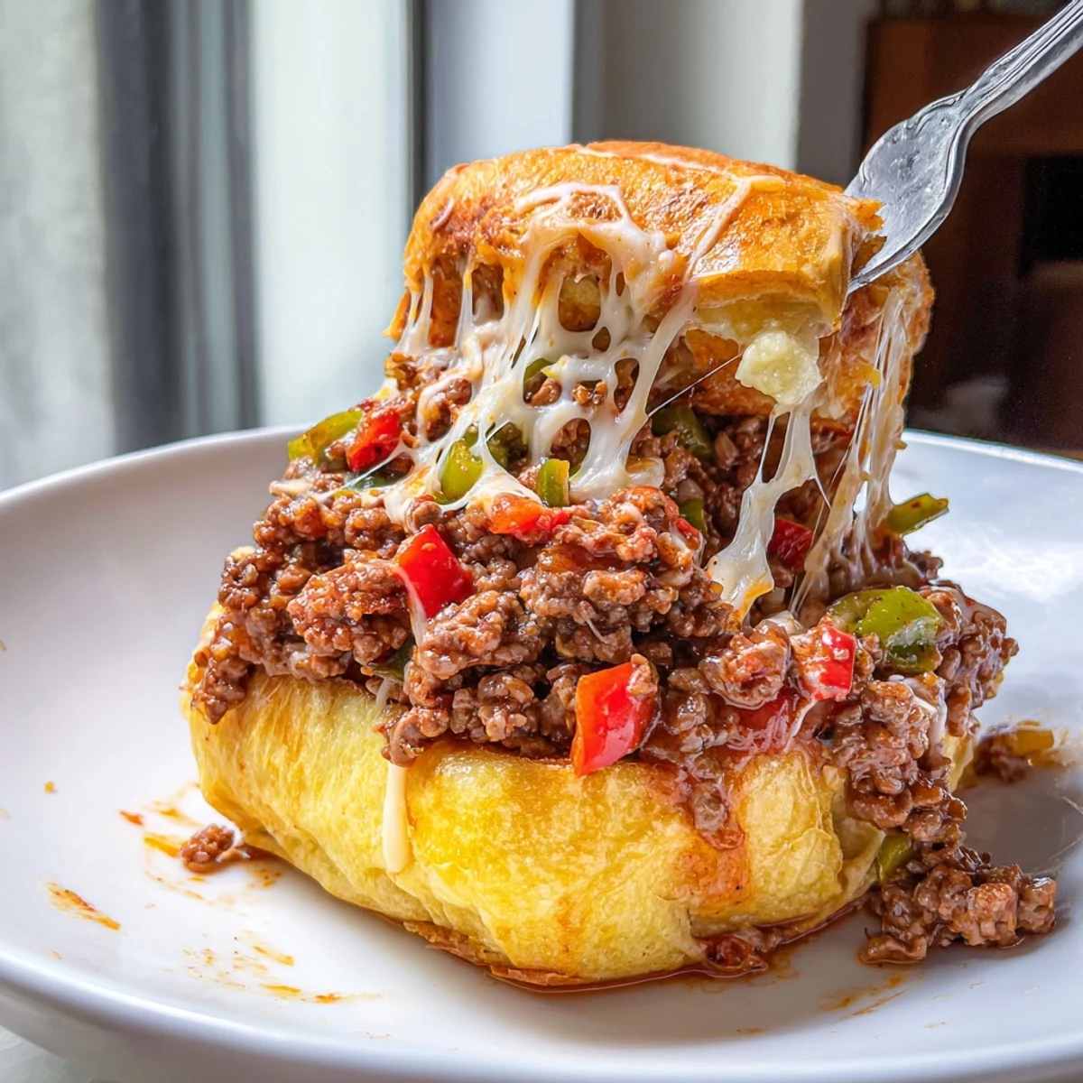 Gooey melted cheese stretches over savory beef in these hearty Cheesy Philly Sloppy Joes