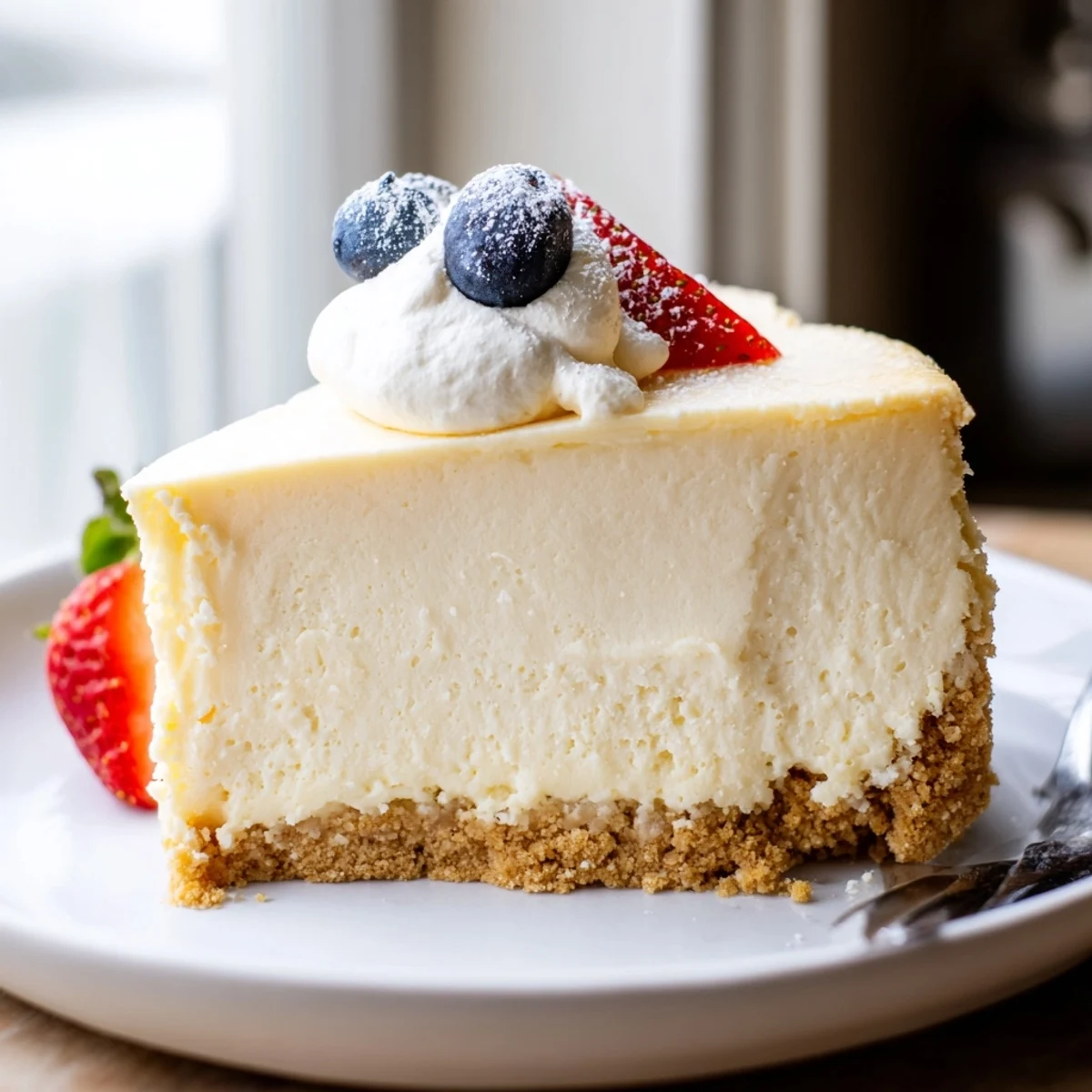 Creamy cheesecake with golden graham cracker crust sliced on a white plate