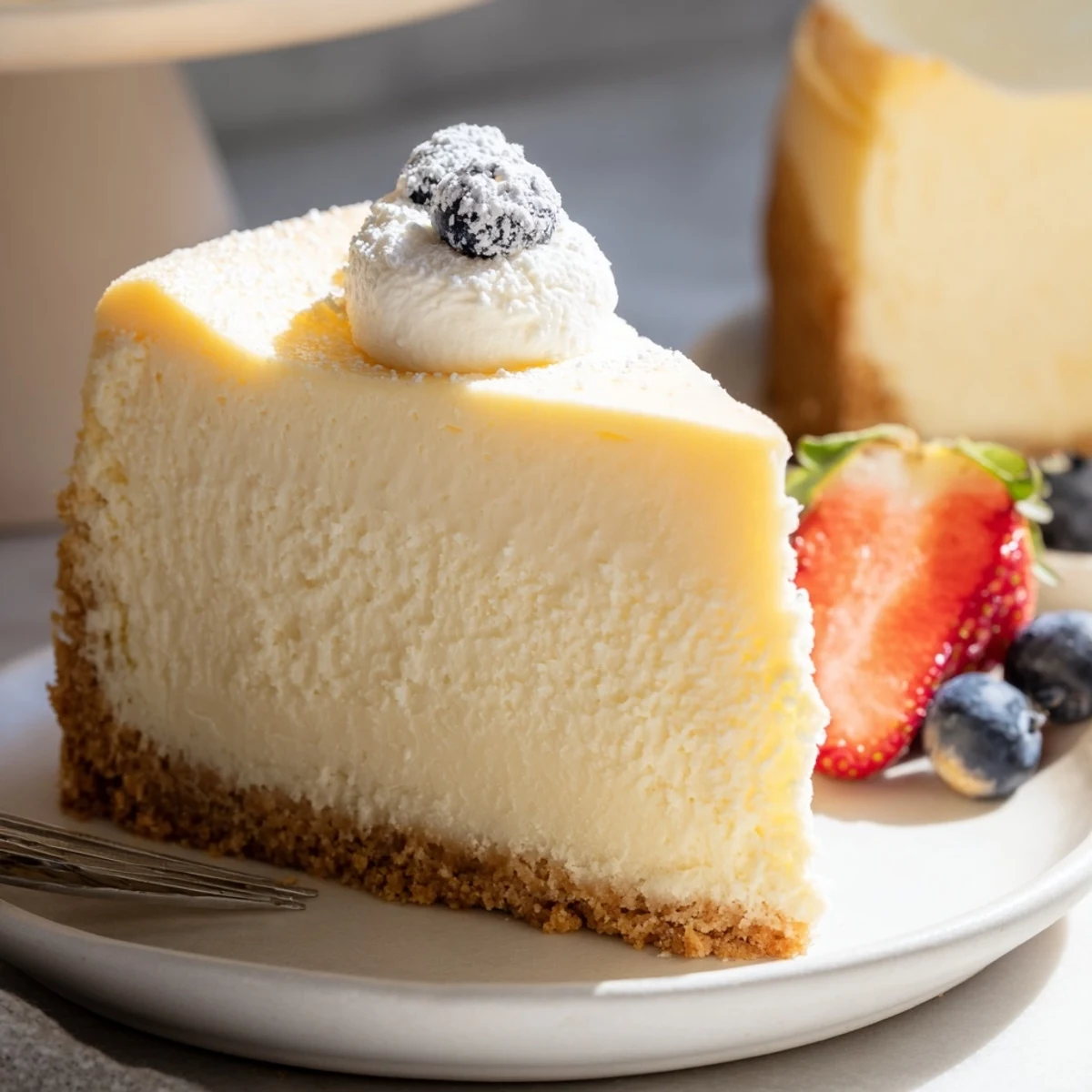 Classic American cheesecake topped with silky sour cream and fresh berries