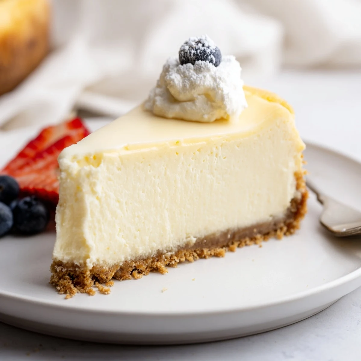 Rich baked cheesecake resting on a rustic wooden board ready to serve