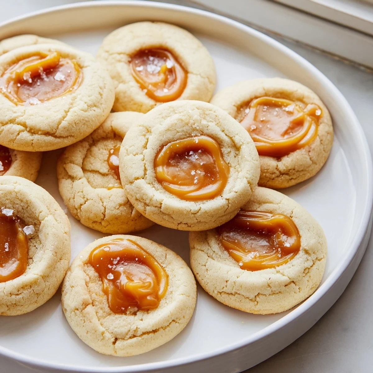 Soft caramel cheesecake cookies with golden edges and gooey caramel swirls on parchment paper