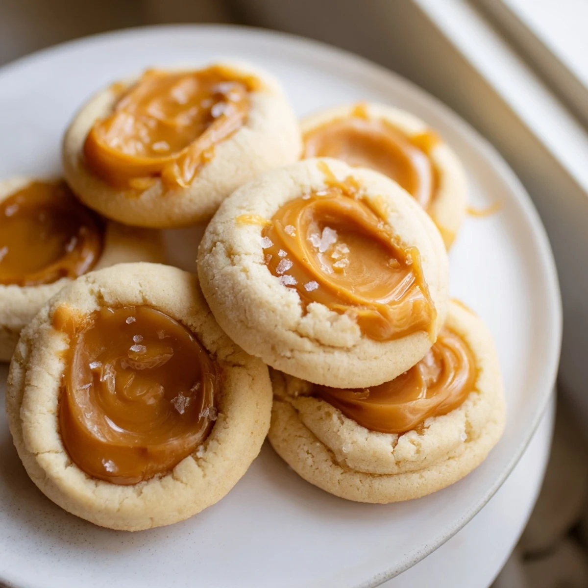 Creamy caramel cheesecake cookies drizzled with rich caramel sauce cooling on a wire rack