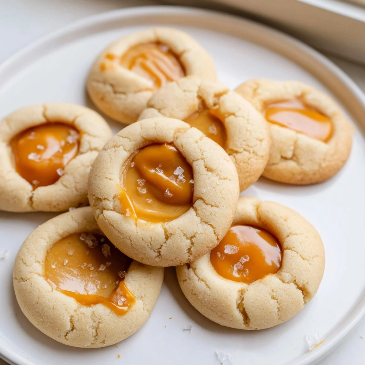 Warm caramel cheesecake cookies with swirled caramel tops arranged on a rustic dessert platter