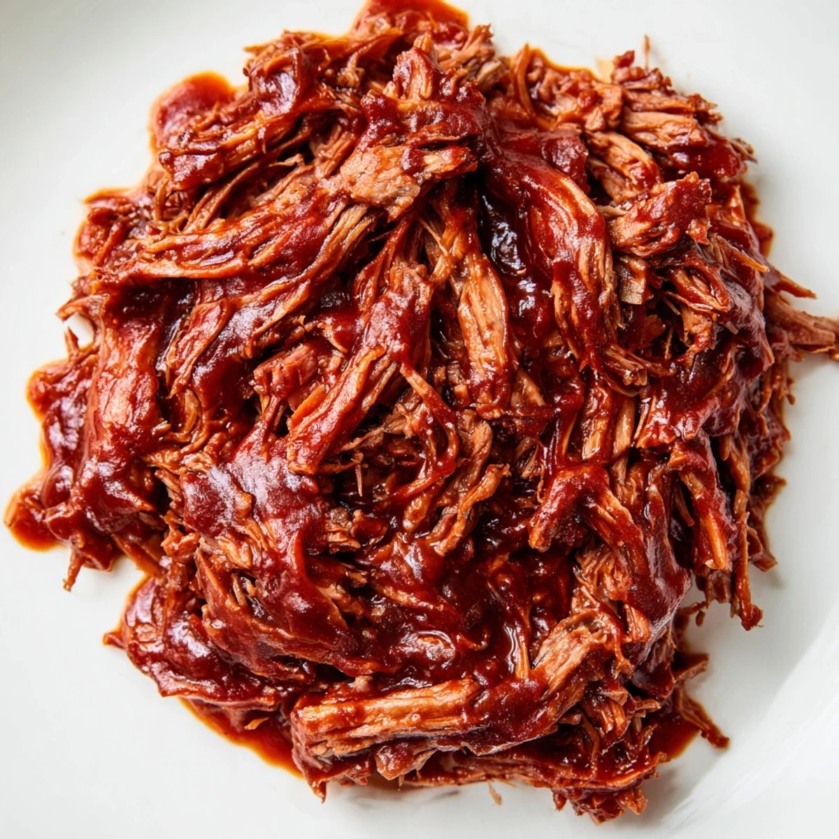 Tender slow cooker BBQ pulled beef piled high on a toasted sandwich bun