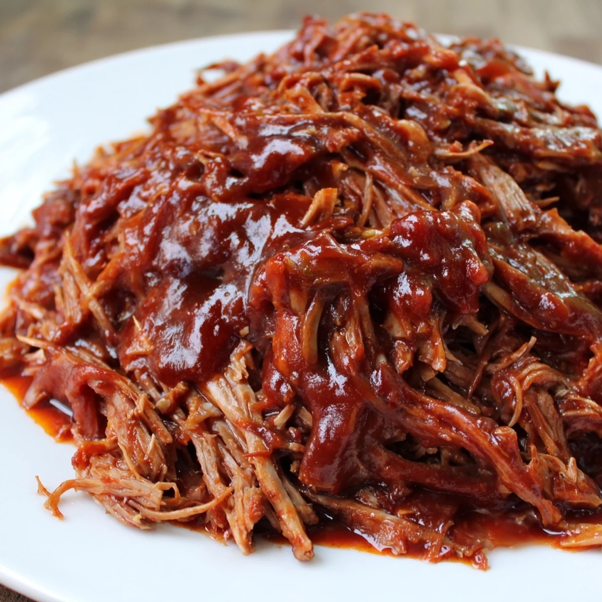 Shredded slow cooker BBQ pulled beef served alongside creamy coleslaw on a plate