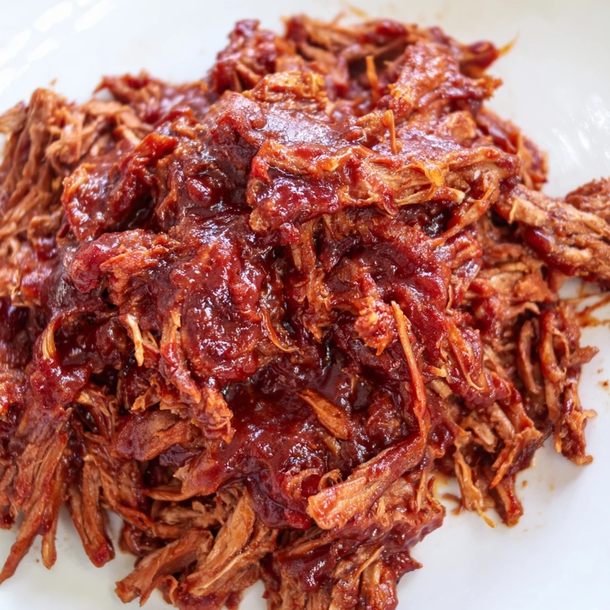 Savory slow cooker BBQ pulled beef glistening with tangy sweet smoky sauce