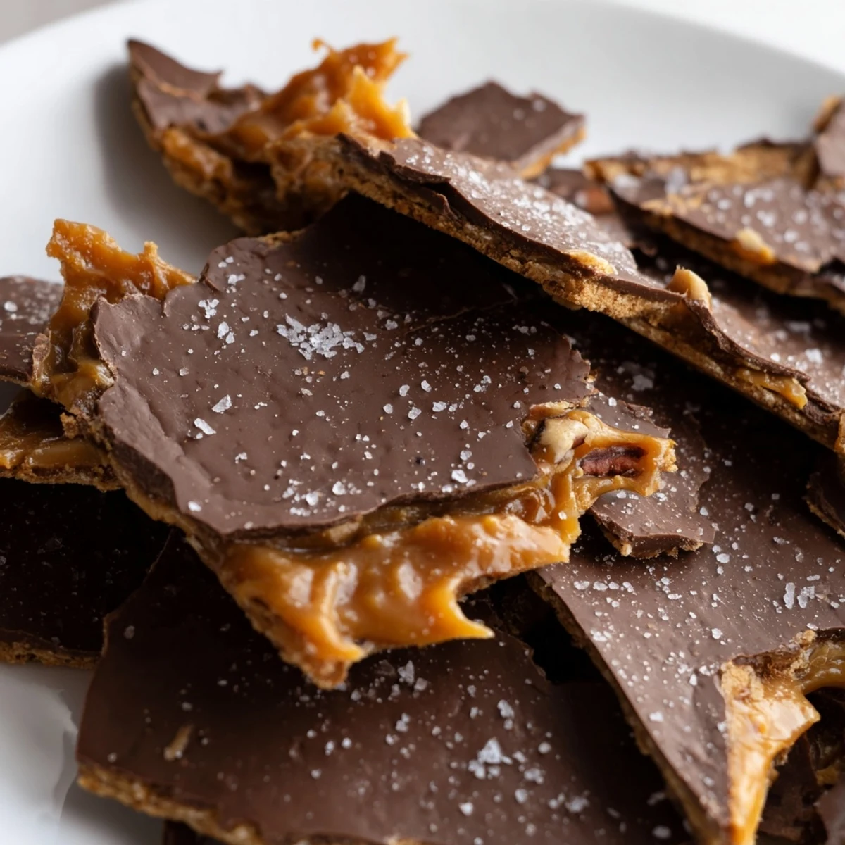 Golden pecan pie bark with gooey caramel and melted chocolate on a rustic baking sheet