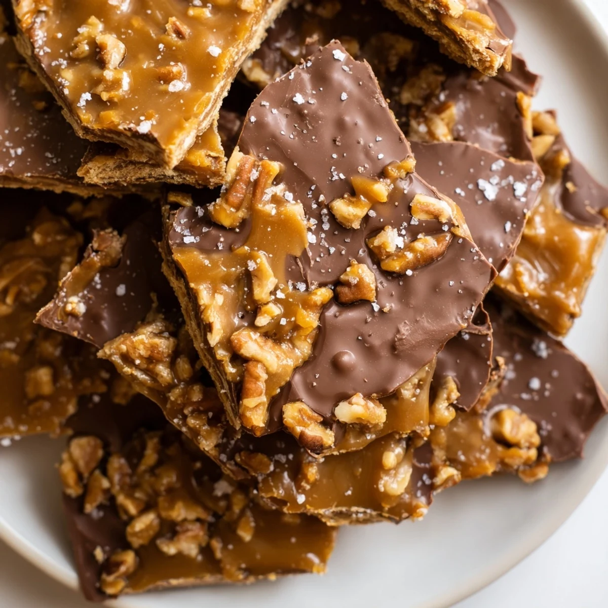 Crunchy pecan pie bark pieces drizzled with rich chocolate and sprinkled with sea salt