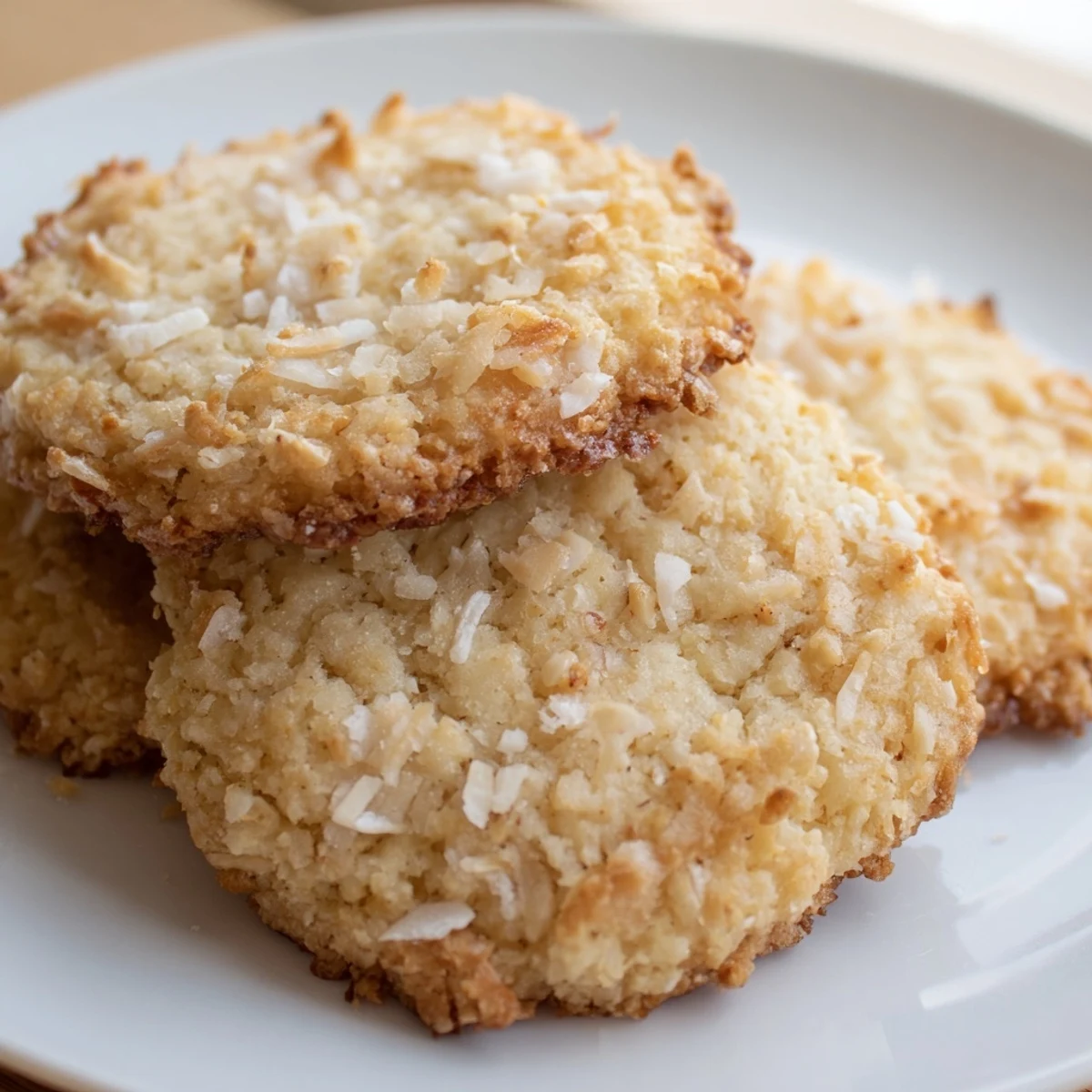Soft and buttery coconut cookies with crispy edges arranged on a wire cooling rack.