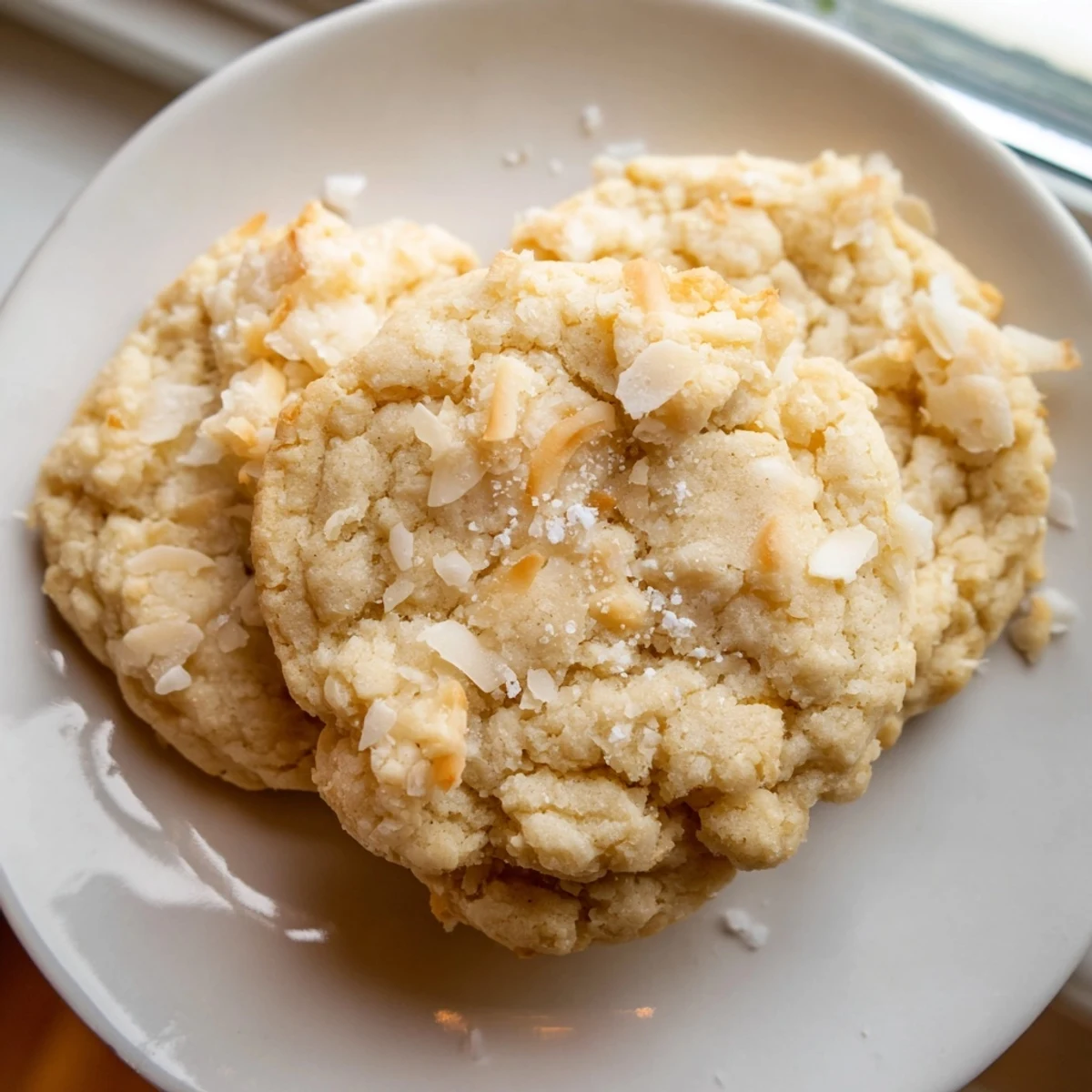 A plate of tender soft and buttery coconut cookies dusted with extra shredded coconut.