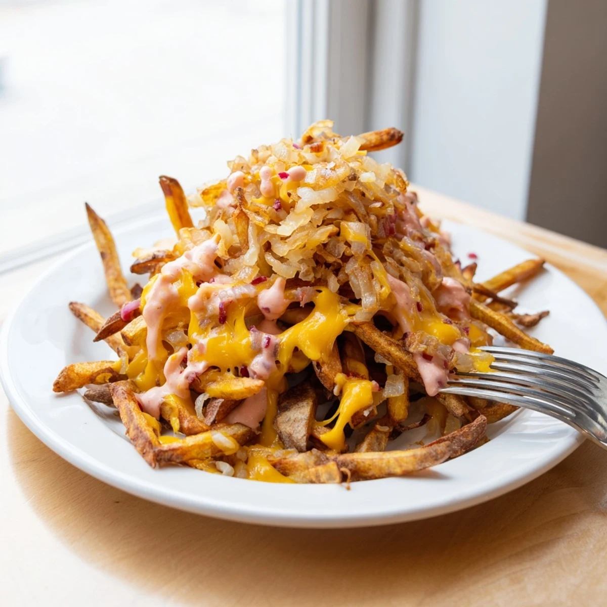 Steaming plate of Animal Style Fries drizzled with creamy special sauce under a blanket of cheese
