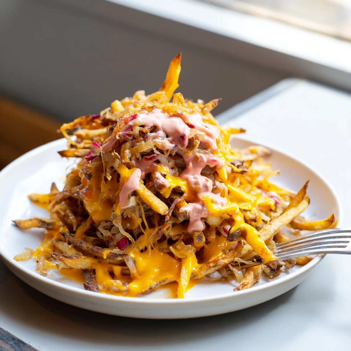 Animal Style Fries smothered in gooey melted cheese with sweet sautéed onions and tangy sauce