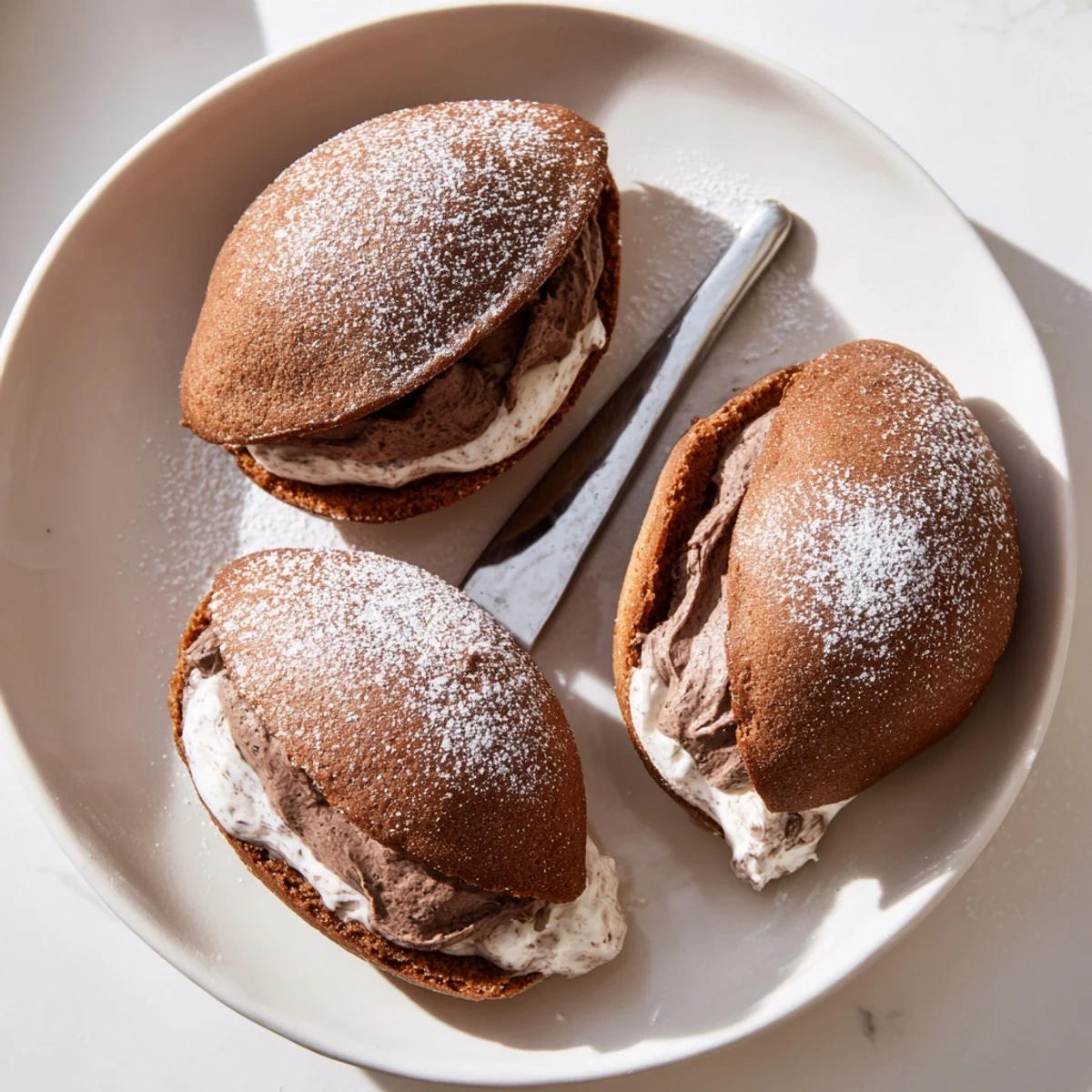 Chocolate Maritozzi split open and piled high with dark chocolate whipped cream