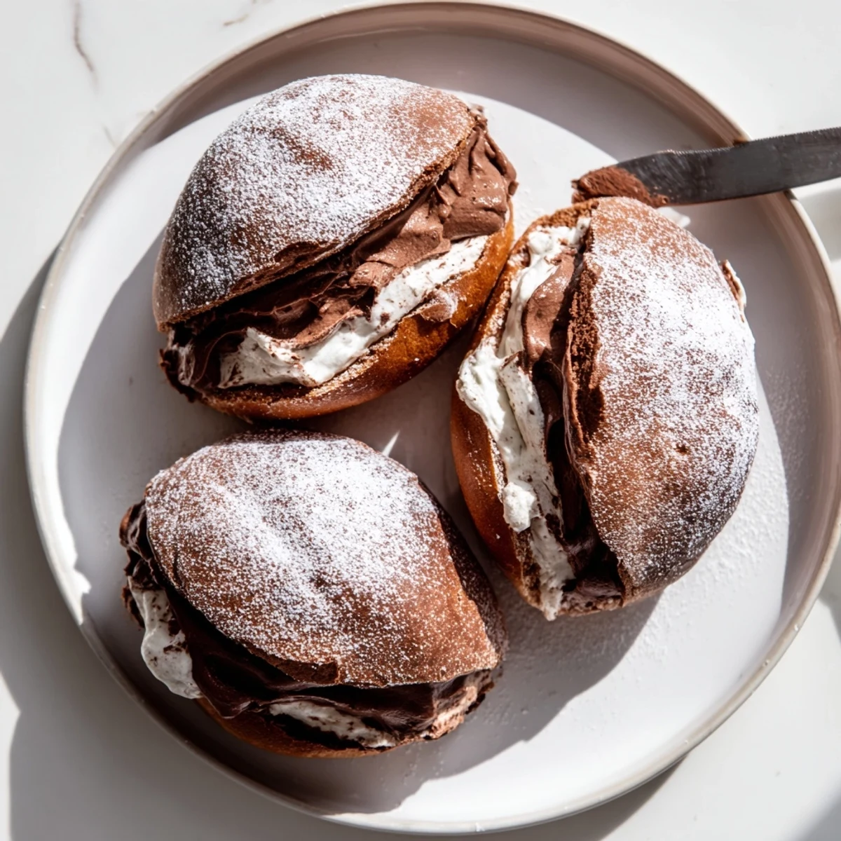 Italian Chocolate Maritozzi fresh from the oven on a rustic parchment-lined tray
