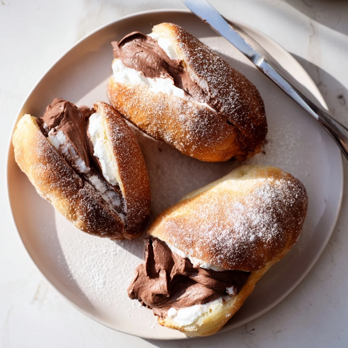 Soft cocoa-dusted Italian Chocolate Maritozzi generously stuffed with silky chocolate filling
