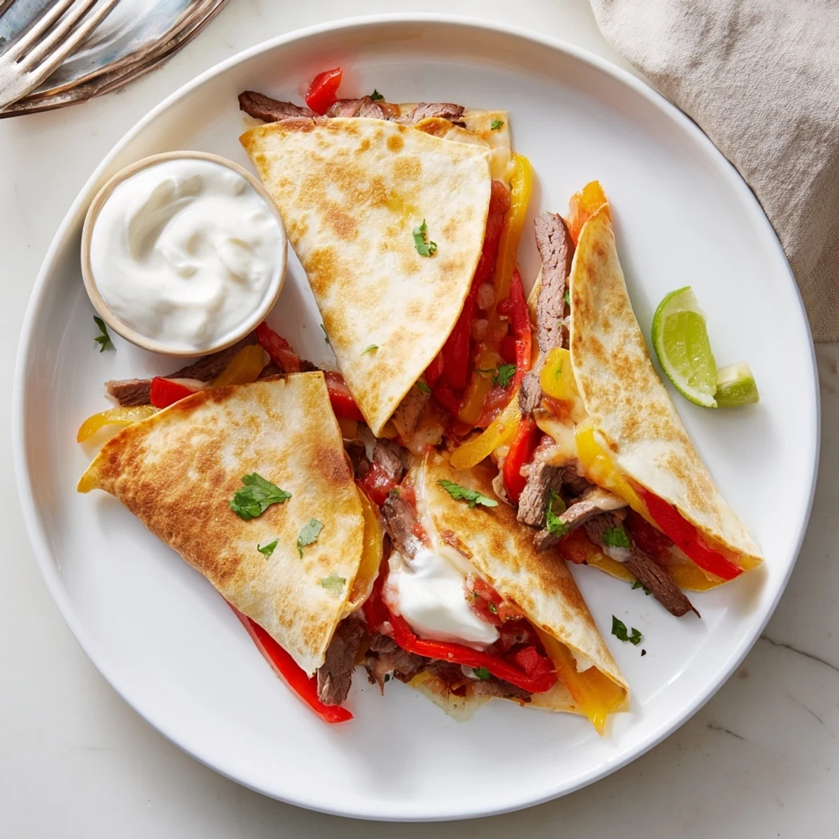 Crispy golden steak quesadillas oozing with melted cheese and colorful sautéed peppers