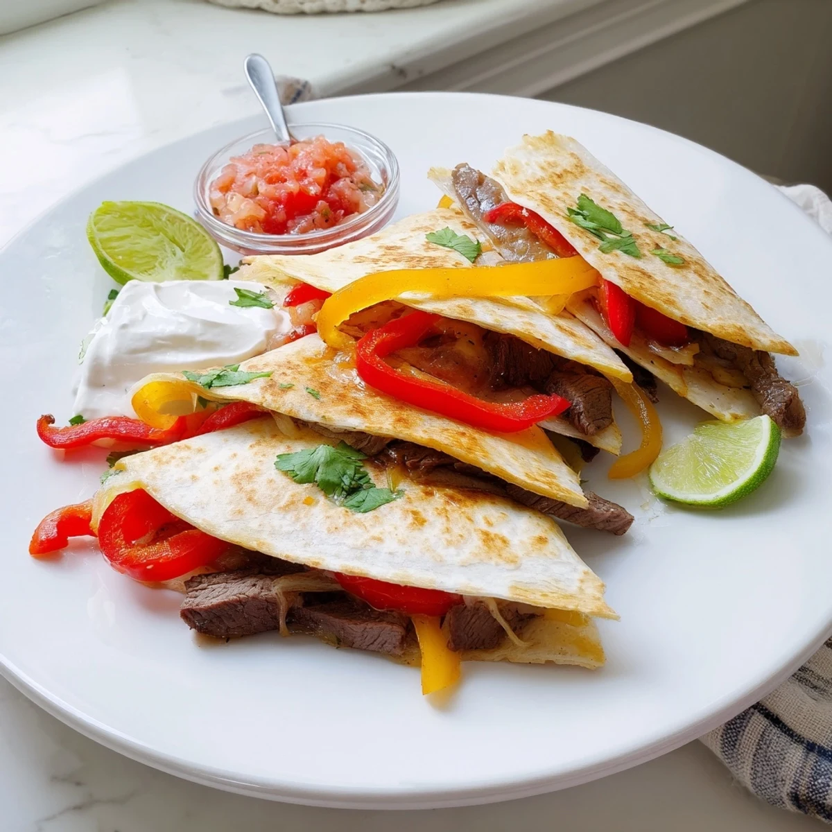 Steak quesadillas cut into wedges garnished with fresh cilantro sour cream and lime