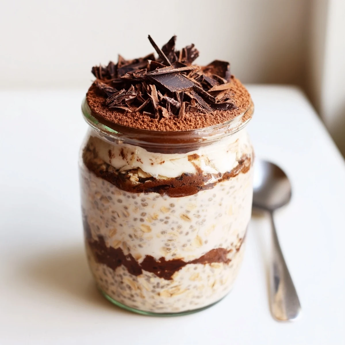 Creamy tiramisu overnight oats layered with mascarpone and dusted with rich cocoa powder