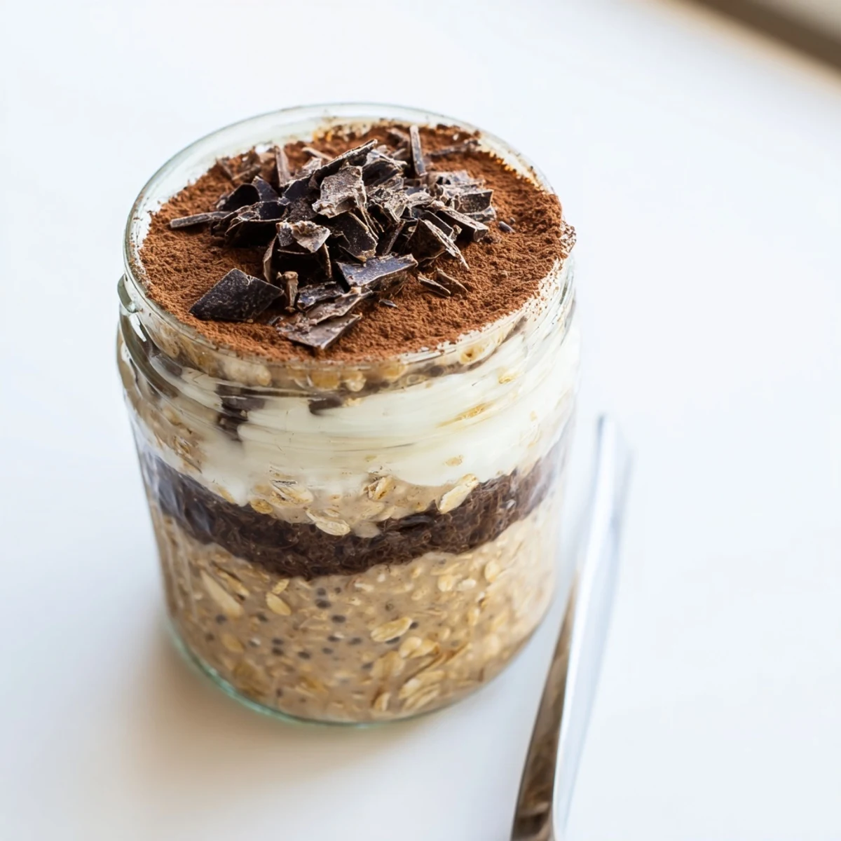 Tiramisu overnight oats in glass jars topped with chocolate shavings and coffee-infused cream