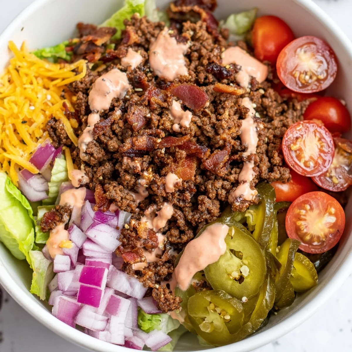 Hearty burger bowls featuring browned beef, fresh tomatoes, and creamy drizzled sauce