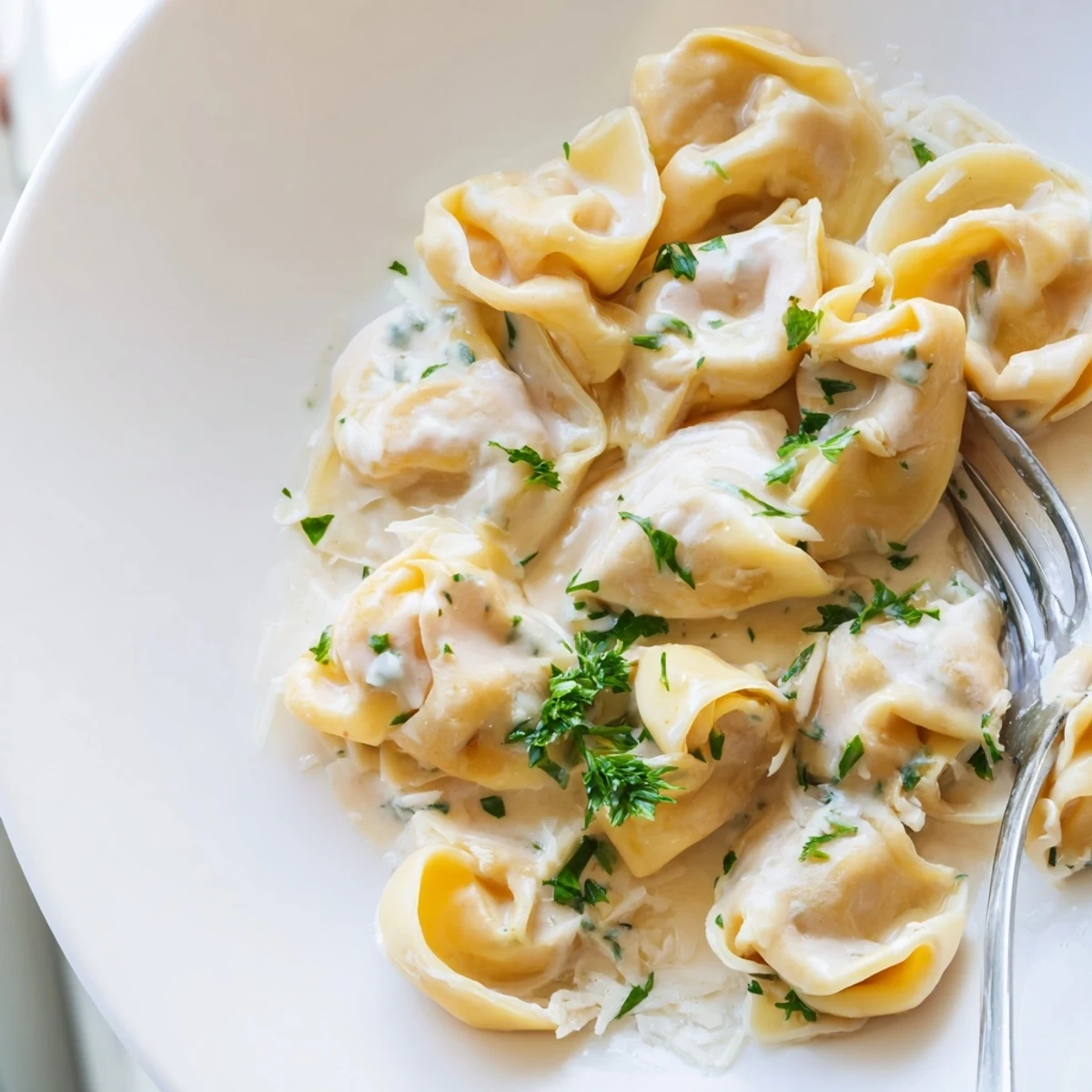 Golden chicken tortellini draped in creamy Parmesan sauce with fresh parsley garnish
