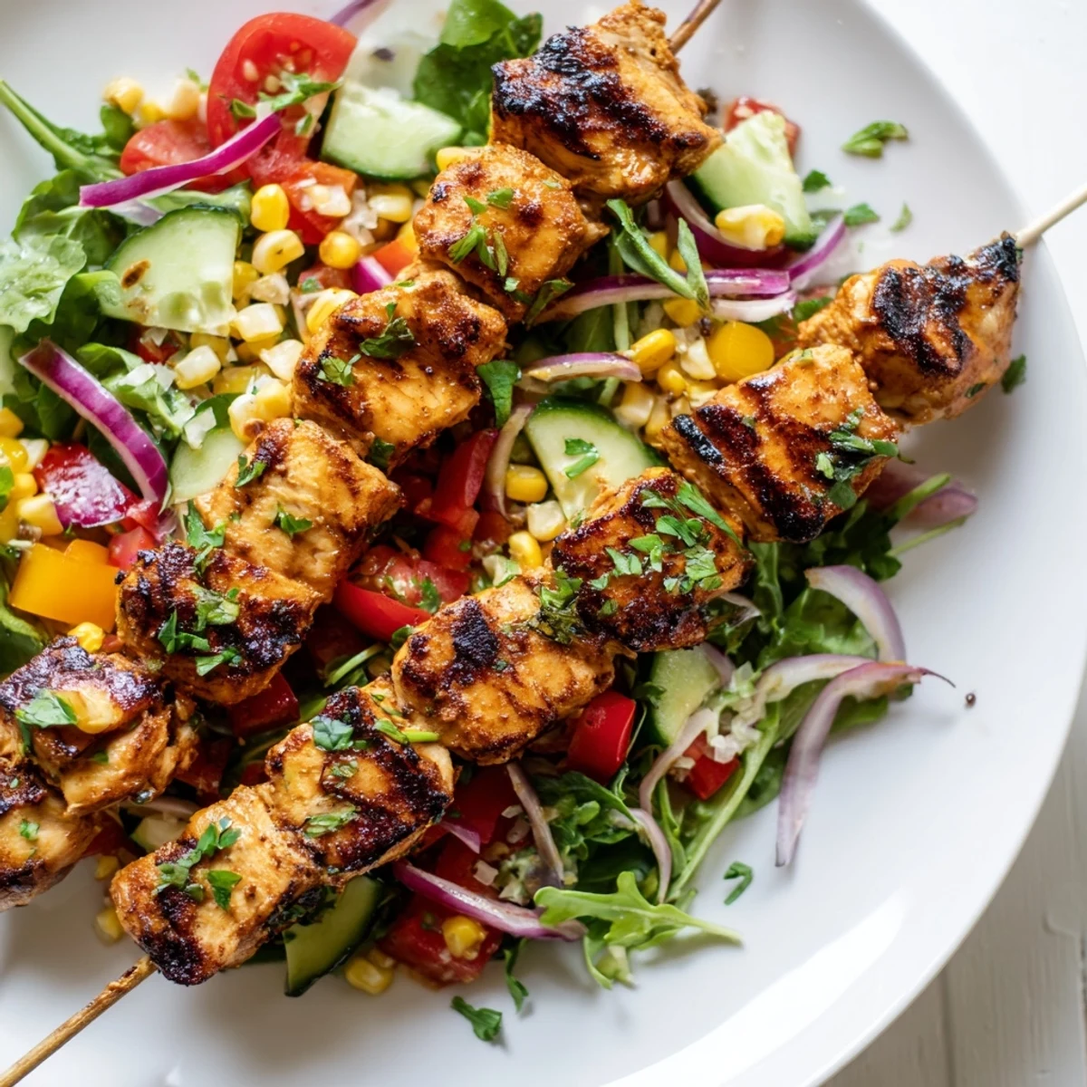 Smoky grilled BBQ chicken skewer salad topped with fresh vegetables and a bright vinaigrette