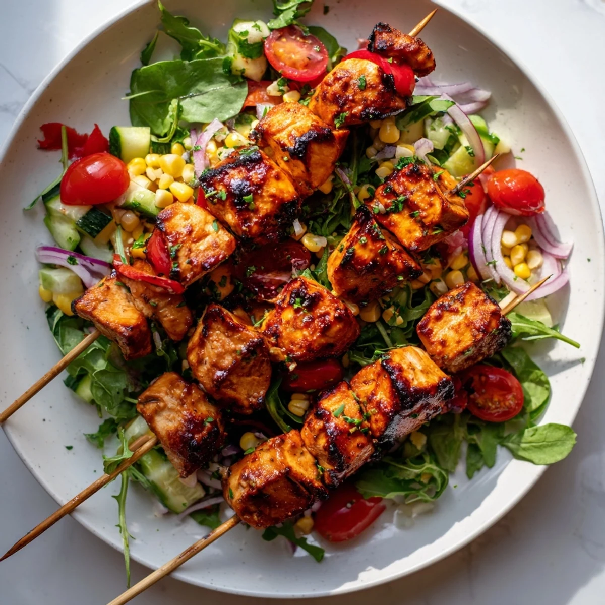 Juicy BBQ chicken skewers resting on a bed of crisp, colorful mixed greens with tangy dressing