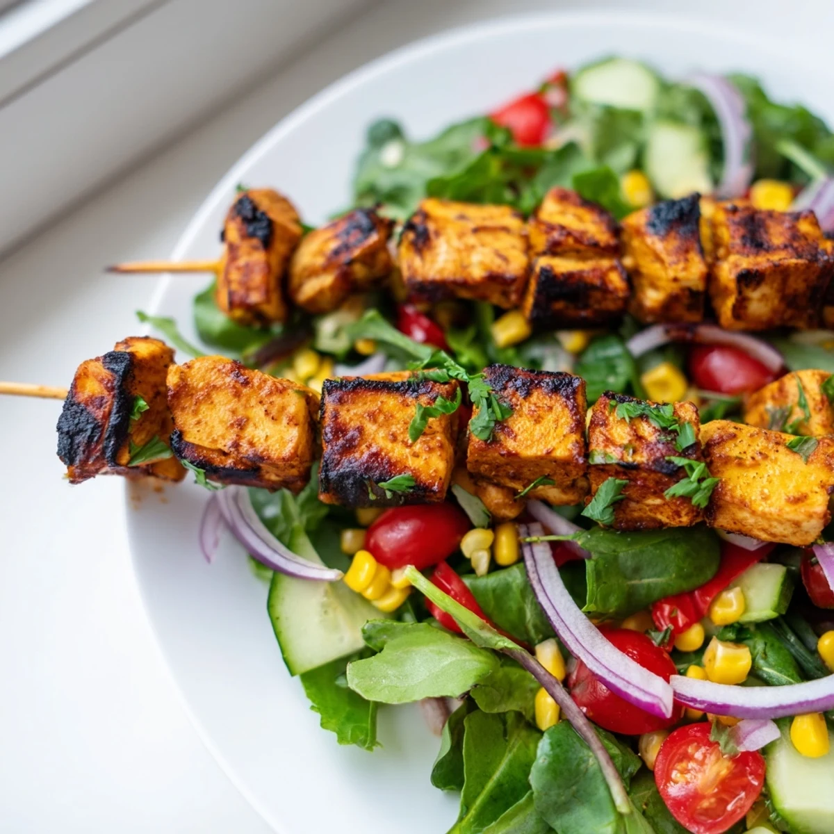 Charred BBQ chicken skewers served over vibrant salad greens with sweet cherry tomatoes and cucumber