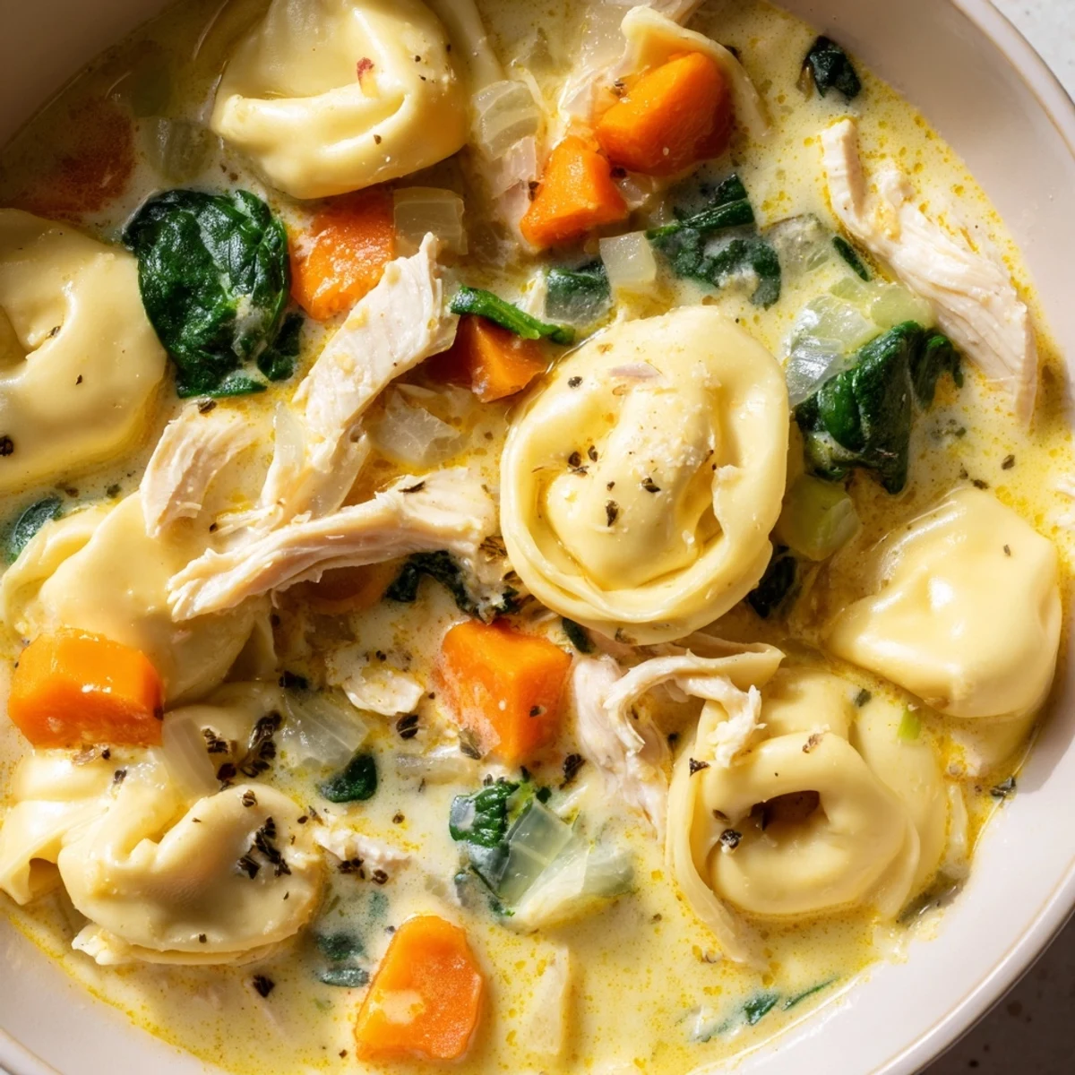 Crockpot chicken tortellini served in a rich creamy sauce with cheese-filled pasta and shredded chicken