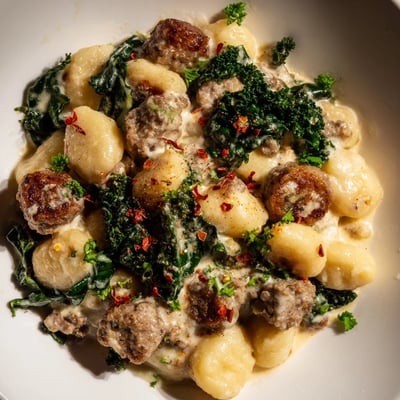 Hearty skillet meal with pillowy gnocchi, savory halal sausage, and vibrant green kale leaves.