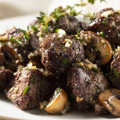 Tender steak bites and golden mushrooms tossed in a rich garlic butter sauce, served hot.