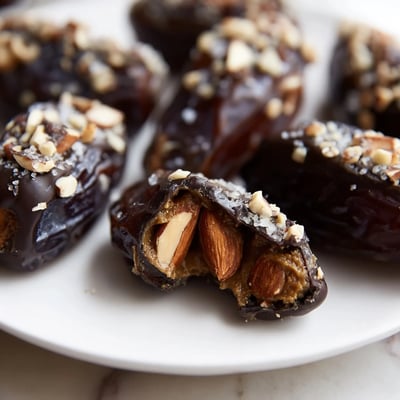 Twelve gluten-free vegan Chocolate Covered Dates Stuffed with Almond Butter displayed on a parchment-lined baking sheet.
