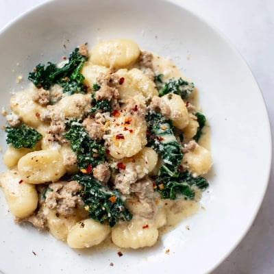 Tender potato gnocchi and savory turkey sausage coated in rich cream sauce with wilted kale for a comforting weeknight dinner