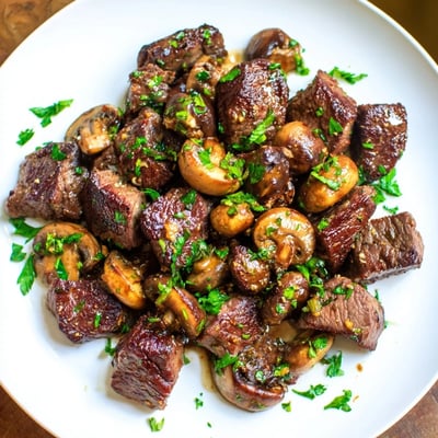 Savory Garlic Butter Steak Bites with Sautéed Mushrooms plated with roasted vegetables for a delicious weeknight dinner.